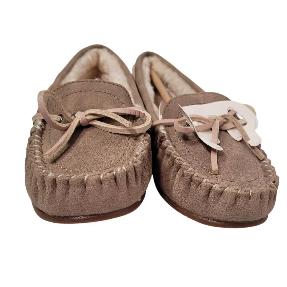 Lucky Brand Youth Girls Moccasin Slippers Size 1 Faux Fur Lined Taupe